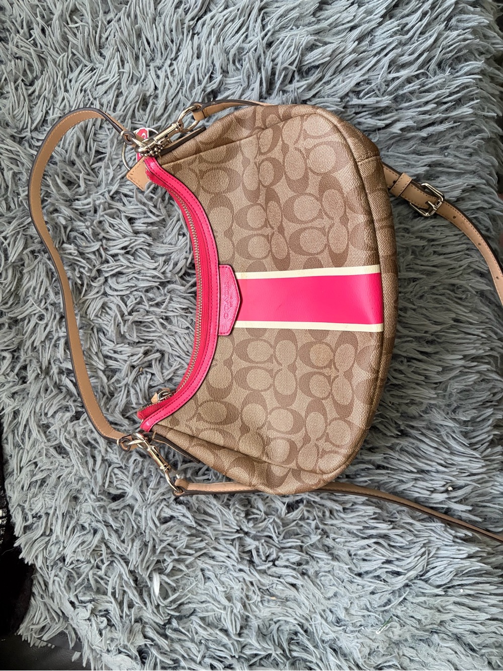 Coach Brown Signature Shoulder Bag with Pink Stripe